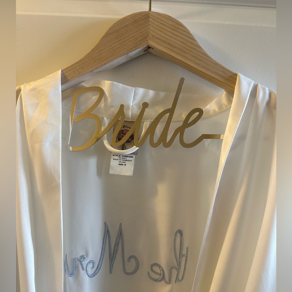 Bride hanger & white satin robe. “The Mrs” on back of size medium robe.